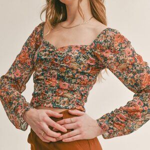 Women's Feminine Floral Top | Sheer Sleeves | Green Multi